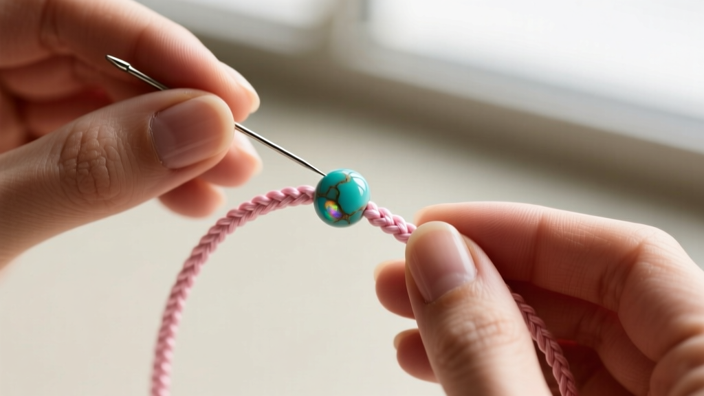 Macro shot of hands threading a vintage turquoise bead onto pink braided polyethylene cord using a fine steel beading needle.