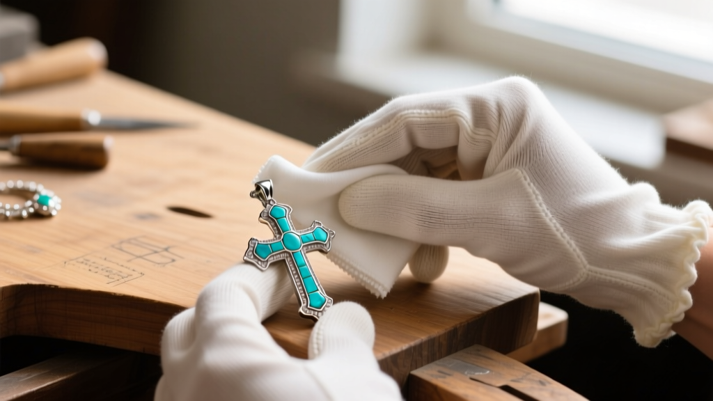 Hands in cotton gloves wiping a silver cross pendant with turquoise inlay using a microfiber cloth on a wooden jewelry workbench.