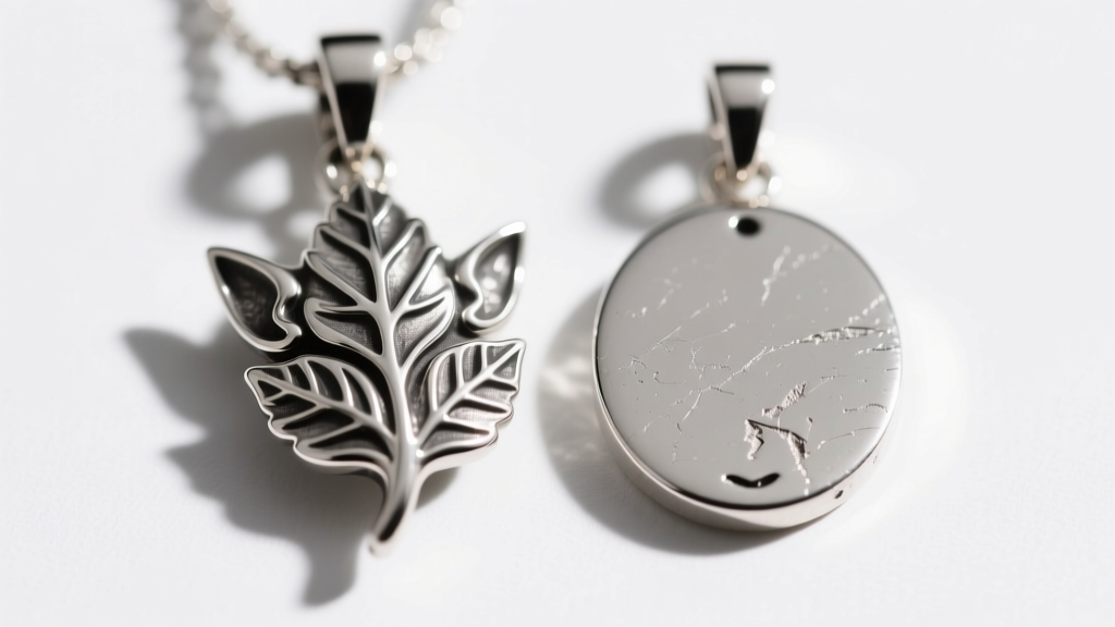 Macro shot comparing dull zinc alloy elf pendant with polished 925 silver replica, showing crisp leaf motifs on the silver piece.
