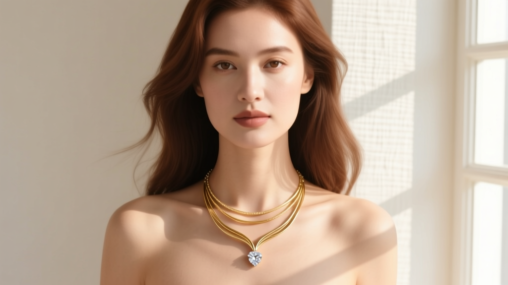 Woman wearing a layered gold wishbone necklace and diamond solitaire in natural sunlight against a soft neutral background.