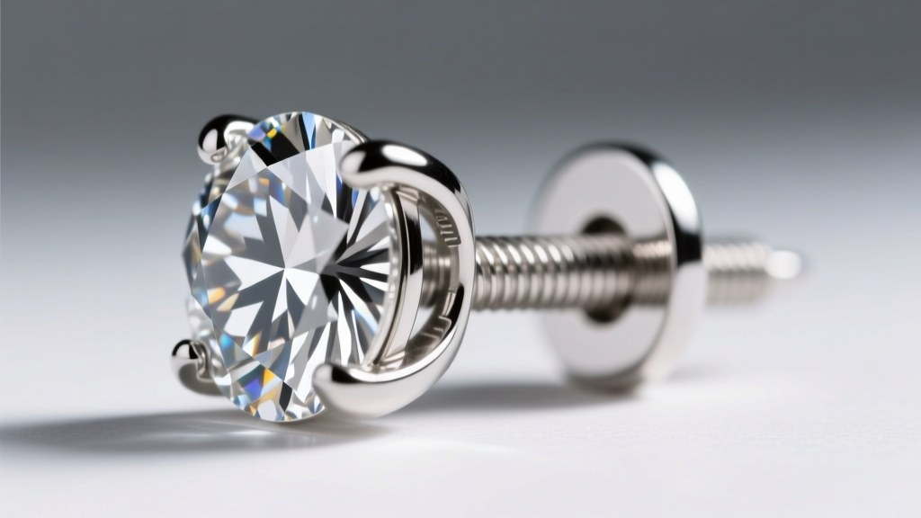 Macro close-up of a platinum earring post with a heavy-duty threaded screw-back mechanism securing a large diamond setting