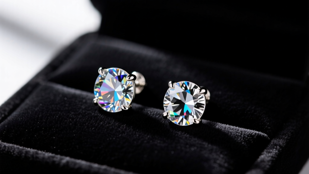 Extreme close-up comparing a glued acrylic rhinestone earring with a four-prong set glass crystal earring on a dark velvet pad.