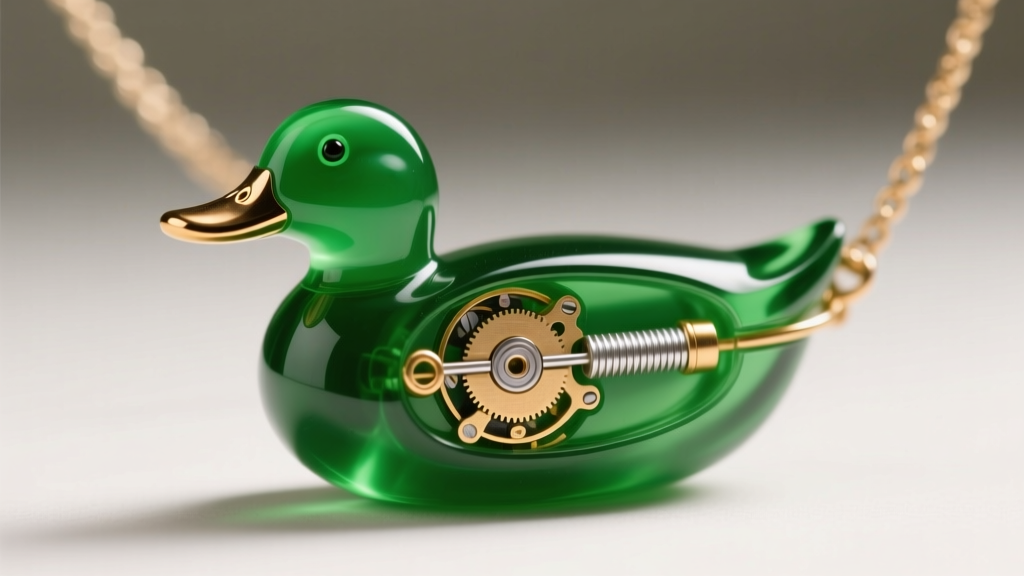 Close-up of green cast acrylic miniature duck call necklace revealing internal brass tone board and single mylar reed assembly.
