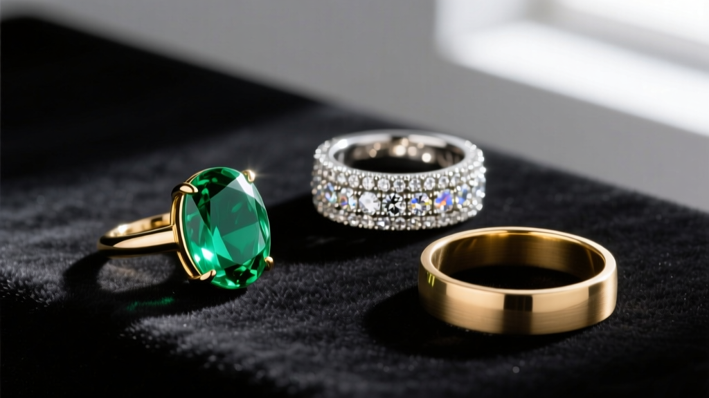 Flat lay of three costume jewelry rings featuring faux emerald, rhinestone pavé, and gold-plated brass on dark velvet background