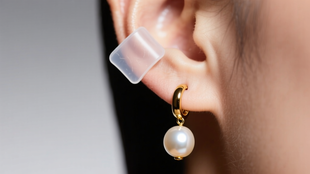 Clear silicone support patch securing a heavy 16-gauge gold leverback pearl drop earring on a pierced earlobe, shown in macro