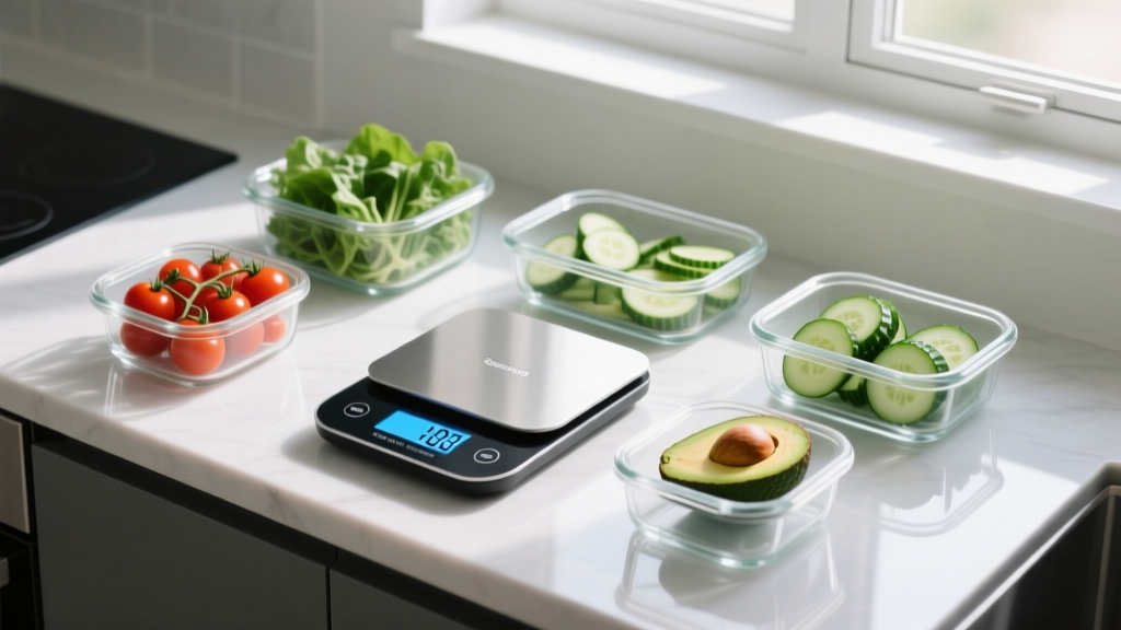 Overhead shot of a sleek kitchen counter featuring digital portioning scales, glass meal prep containers, and fresh ingredients