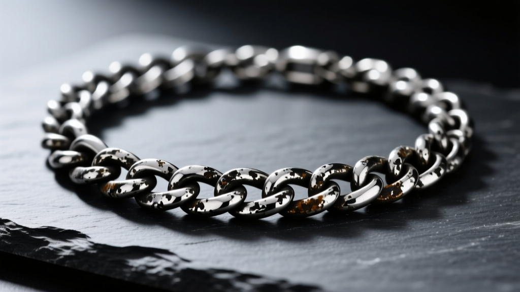 Macro shot of a heavily tarnished 925 sterling silver Cuban link necklace resting on dark slate, highlighting black silver sulfide