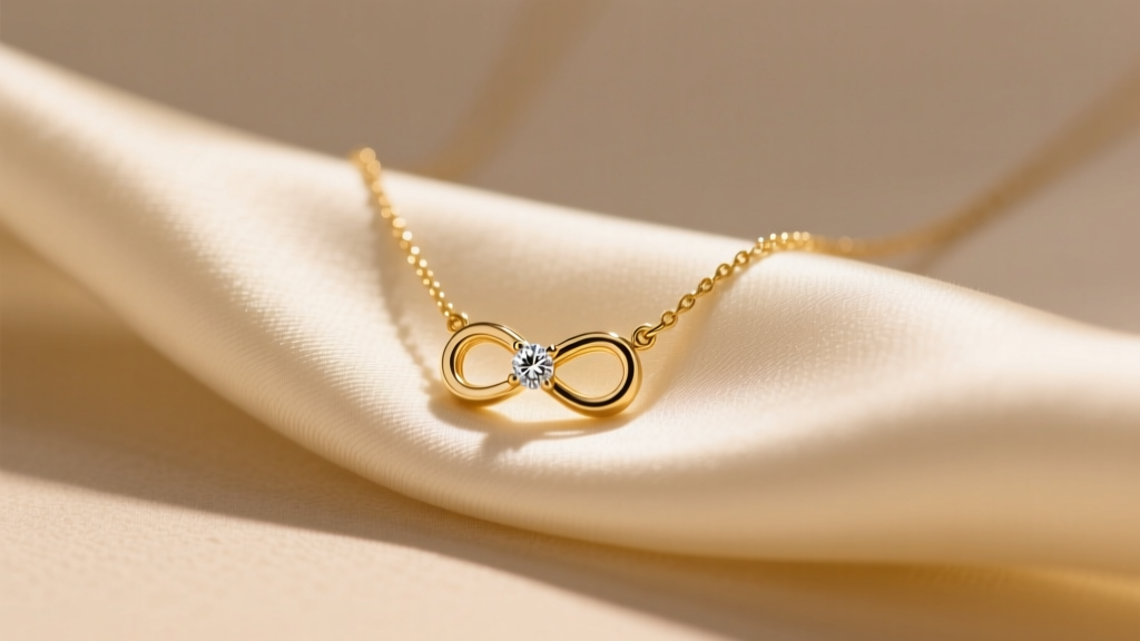 A delicate 14k solid gold purity necklace with a small diamond infinity pendant resting on a soft cream silk fabric in warm light