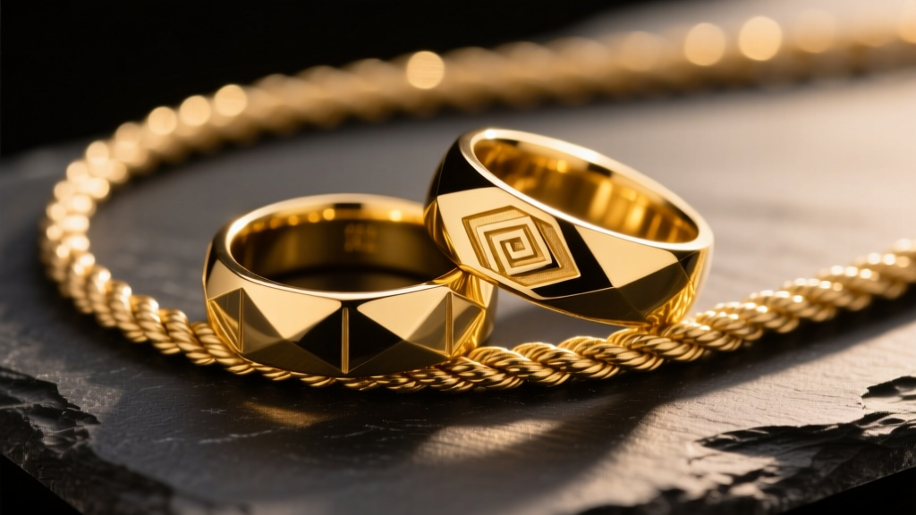 Close-up of chunky 14k yellow gold signet rings and textured rope chains on dark slate, lit by warm directional studio lighting.