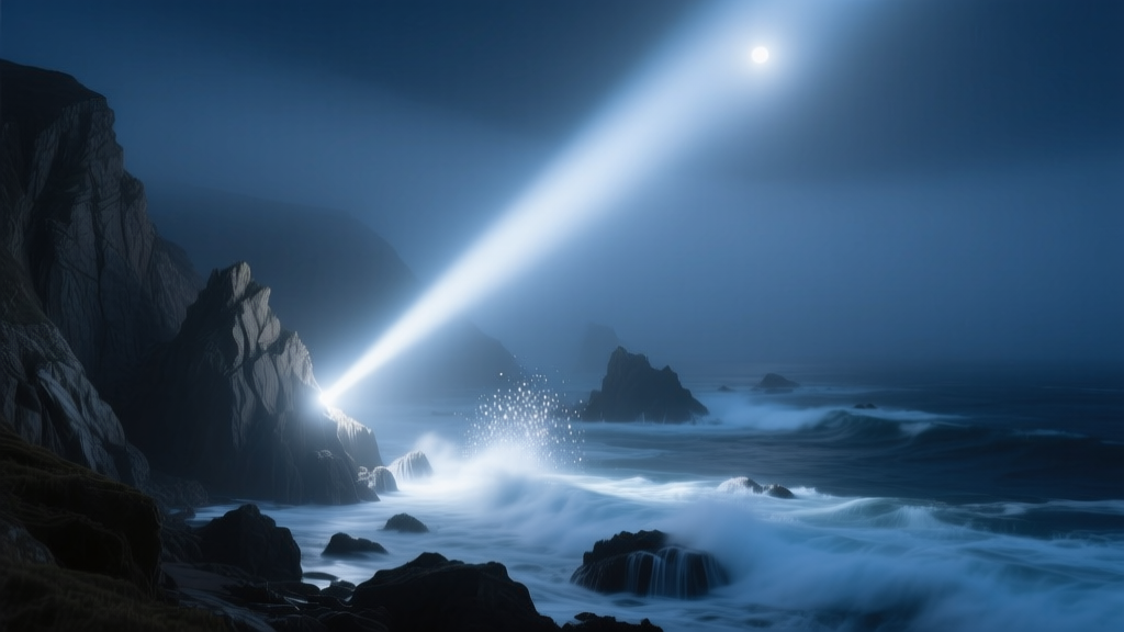 High-lumen flashlight beam cutting through dense coastal fog at night, illuminating a rugged rocky shoreline and ocean surf.