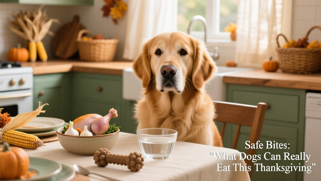 A calm, happy dog sitting beside a festive but pet-safe Thanksgiving setup — with a small bowl of plain turkey, a chew toy, and a water bowl nearby