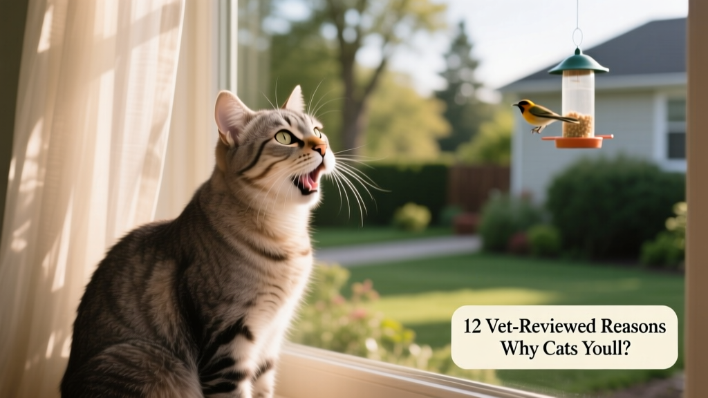 Senior cat sitting by a window, looking outside with mouth slightly open