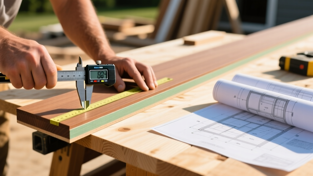 Contractor measuring capped composite deck board thickness with digital calipers on a sunlit workbench next to structural blueprints.
