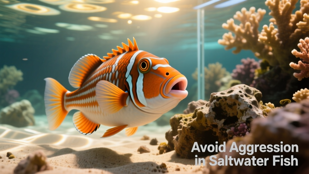 Close-up of a Clown Triggerfish displaying alert posture near a rocky outcrop in a well-maintained saltwater aquarium