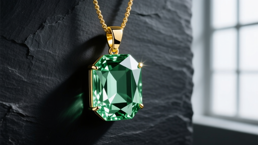 Faceted prasiolite pendant in 18k yellow gold on dark slate, showing its soft sage green color and brilliant cut quartz facets.
