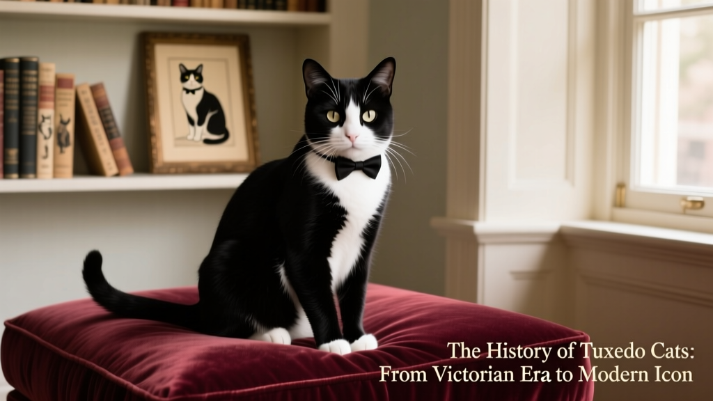 A sleek black-and-white tuxedo cat sitting elegantly on a velvet cushion, highlighting its classic markings