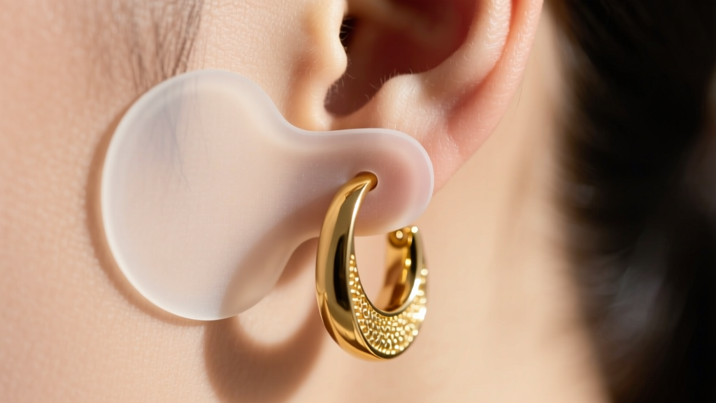 Close-up of a silicone support patch securing a heavy gold drop earring to an earlobe, highlighting weight distribution.