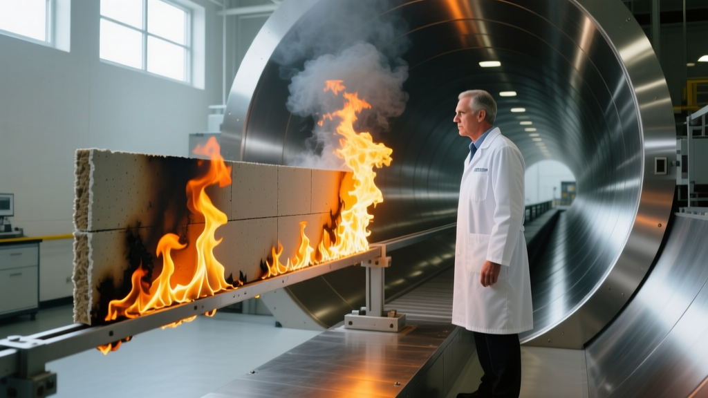 Laboratory technician observing a 24-foot Steiner tunnel test chamber evaluating flame spread on a fiber-cement siding sample