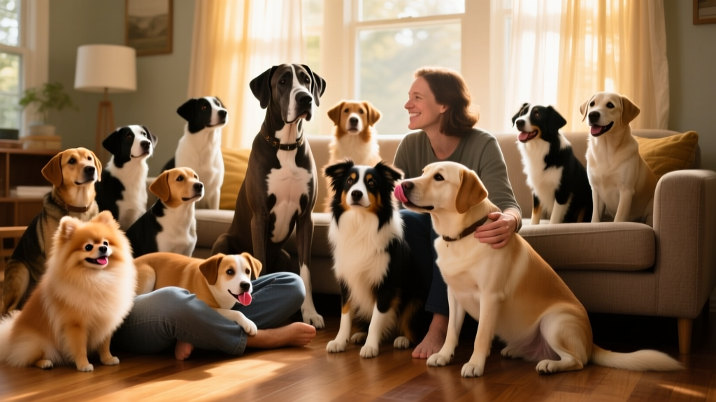 A diverse group of happy dogs of different breeds looking lovingly at their humans in a sunlit living room