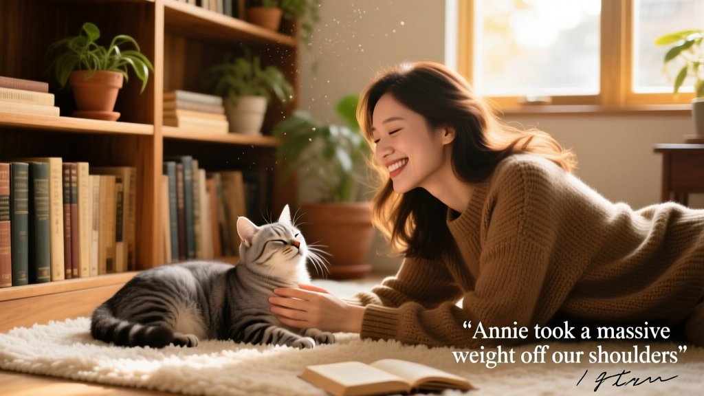 A smiling woman gently stroking a calm cat on a soft rug beside a bookshelf