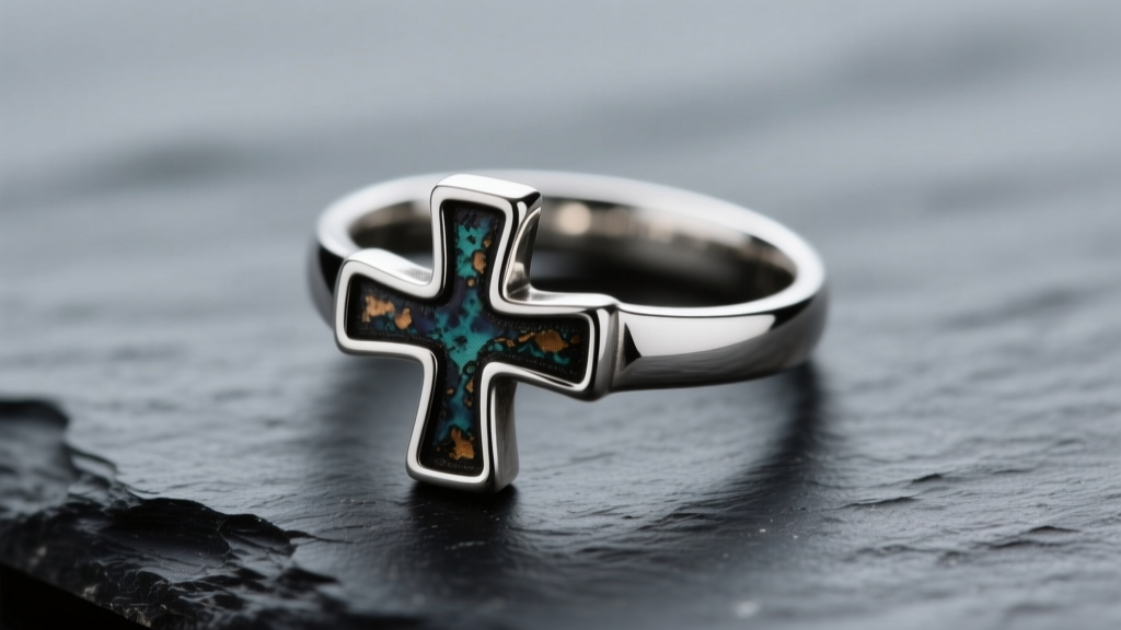 Oxidized sterling silver James Avery cross ring on dark slate, showing darkened recesses and bright polished edges in soft light.