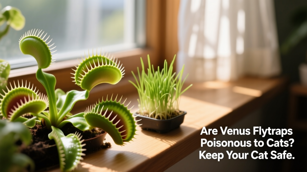 A thriving Venus flytrap growing beside a small dish of cat grass on a sunlit windowsill