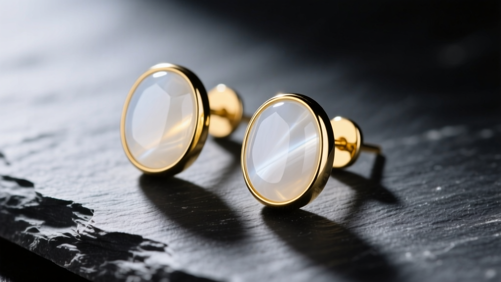 Close-up of white agate cabochon stud earrings in 14k yellow gold bezels, resting on dark slate under soft directional lighting.