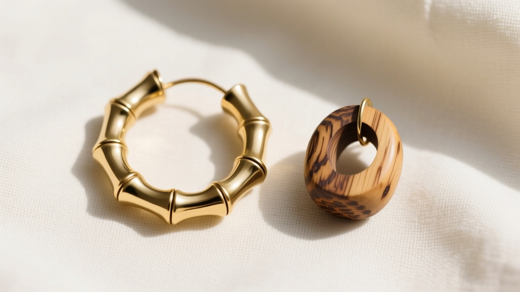Top-down view of a polished gold metal bamboo hoop and a carved bamboo wood earring resting side-by-side on neutral linen cloth