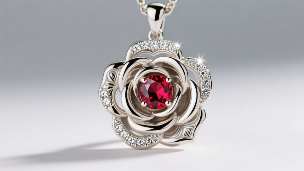 Close-up of a 14k white gold Disney Belle rose pendant featuring a central created ruby surrounded by a micro-pave diamond halo.