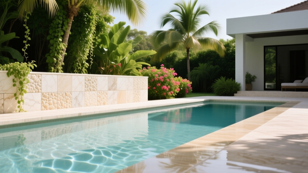 Tumbled travertine stone veneer panels installed around a saltwater swimming pool edge with wet coping and lush landscaping