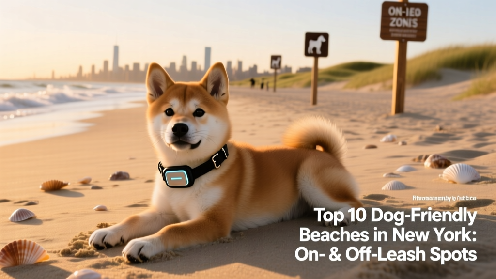 shiba inu puppy dog with collar tracker lying on the beach