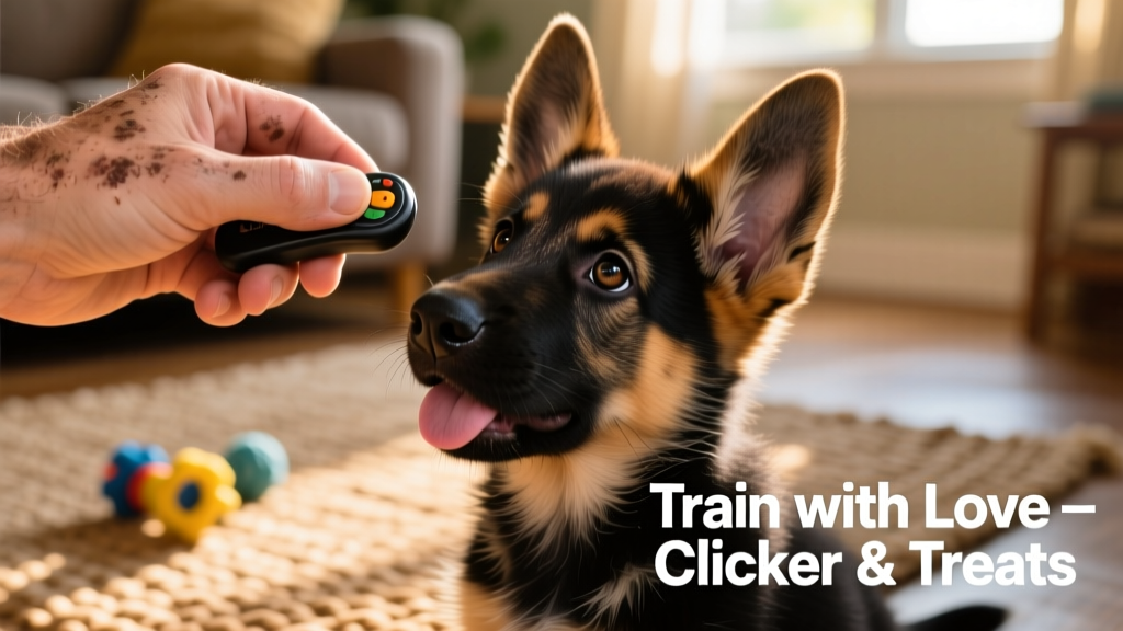 Close-up of a hand holding a clicker beside a German Shepherd puppy looking expectantly at a treat