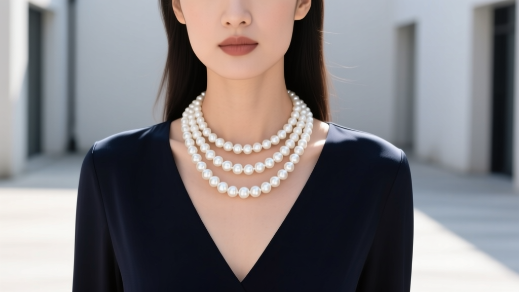 Woman wearing an 18-inch white pearl necklace with a dark V-neck top, showing ideal jewelry layering and fit in natural daylight.