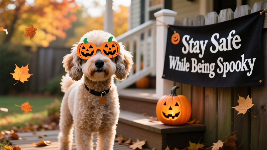 a poodle cross facing the camera wearing a pair of paper Halloween sunglasses