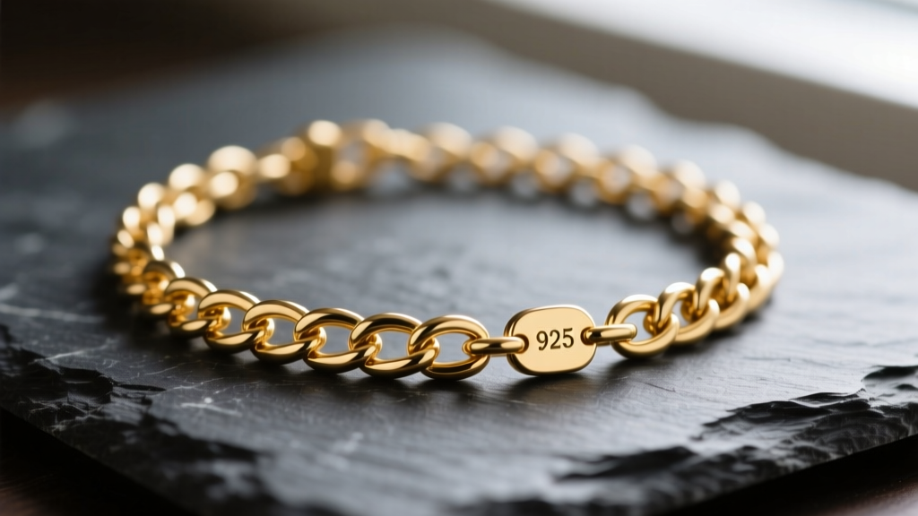 Macro shot of an 18k vermeil gold chain necklace on dark slate, highlighting the rich yellow hue and tiny 925 hallmark stamp