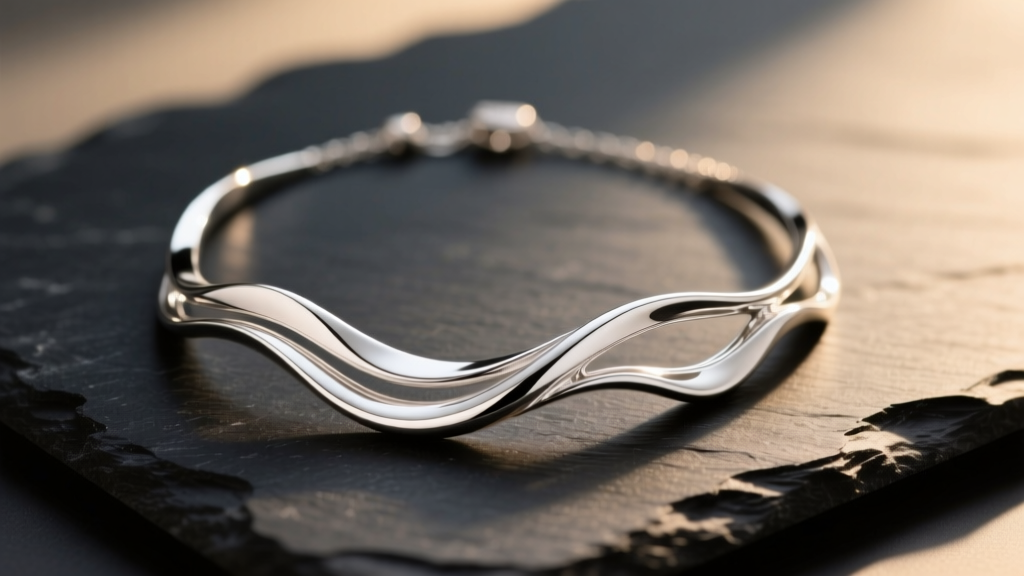 Sculptural sterling silver necklace on dark slate, soft directional lighting highlighting the high-polish finish and organic curves