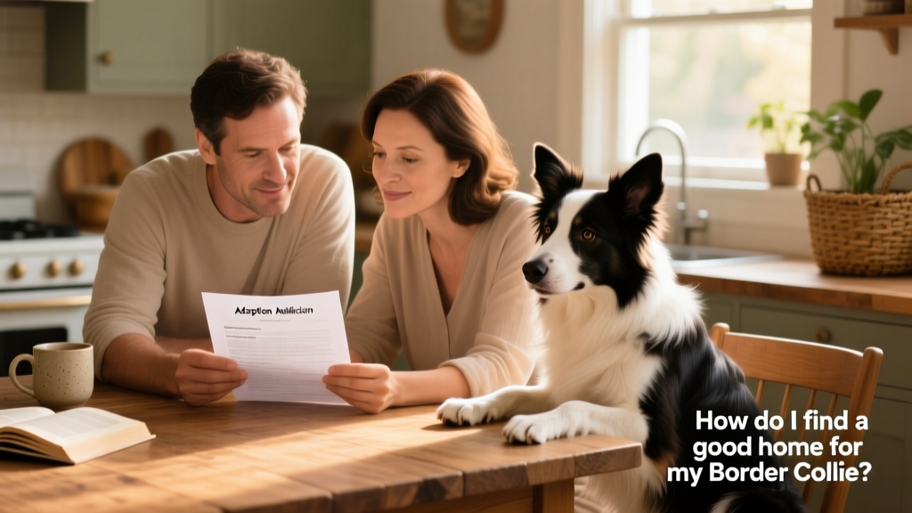 Two people reviewing a printed adoption application together at a kitchen table, with a border collie resting calmly nearby