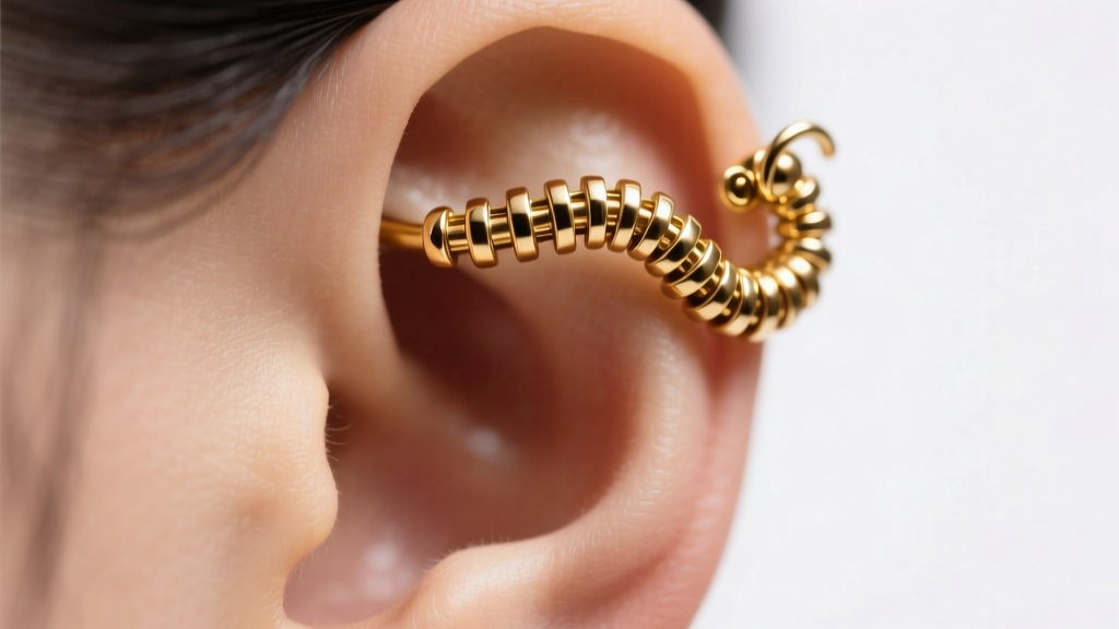 Close-up of an articulated 14k gold worm ear crawler on helix cartilage, showing segmented hinges under soft studio lighting
