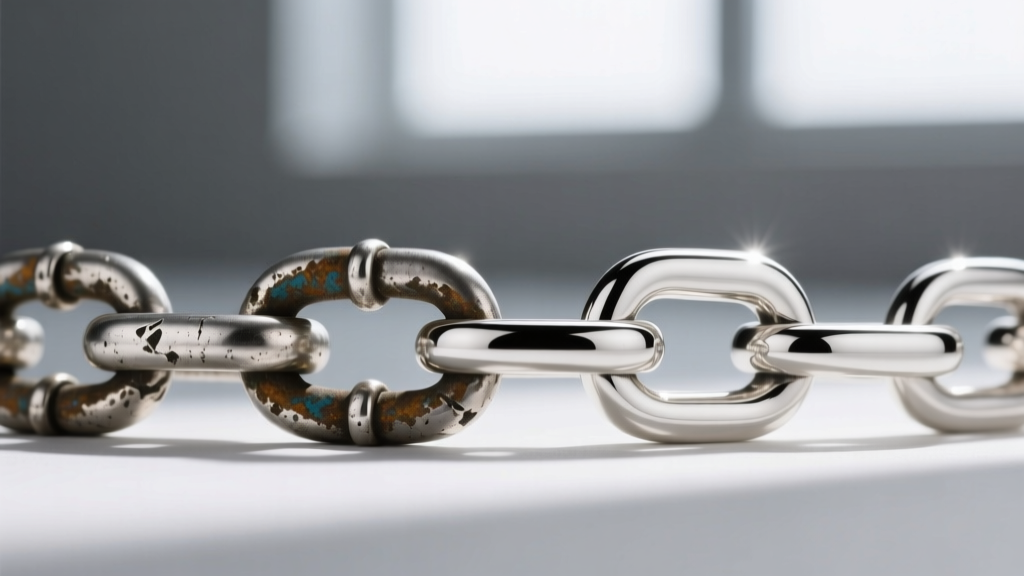 Macro photography comparing a tarnished zinc alloy Tibetan silver chain link next to a bright, polished 925 sterling silver link