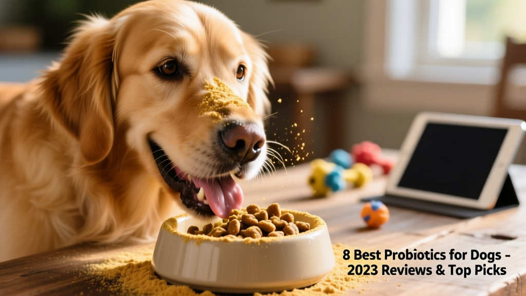 Close-up of a golden retriever happily eating from a bowl with probiotic powder mixed into their food
