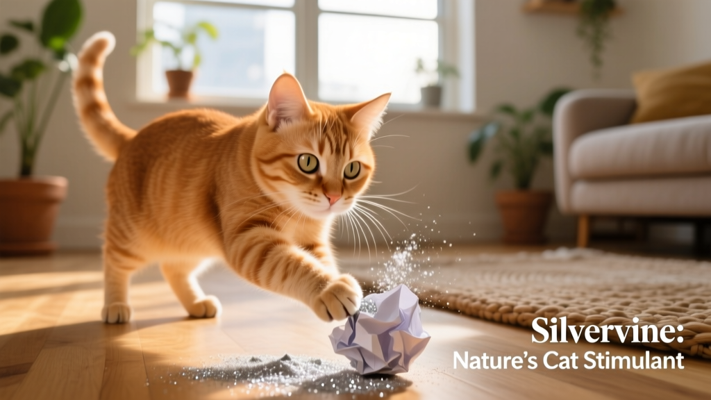 Close-up of a cat interacting playfully with a toy infused with silvervine powder