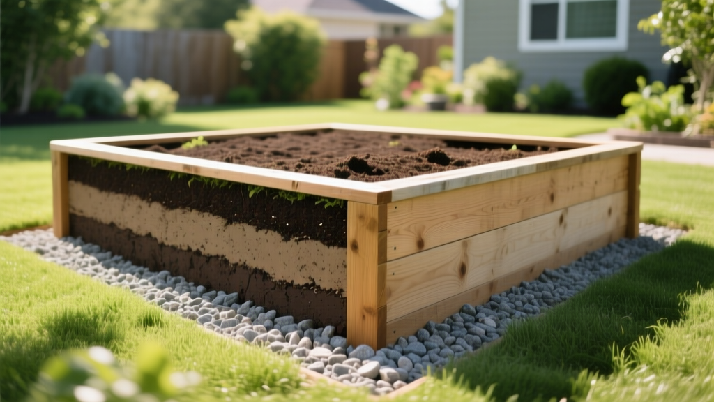 Cross-section diagram of a raised garden bed showing pressure-treated timber walls, gravel drainage base, and layered soil profile in a sunny backyard