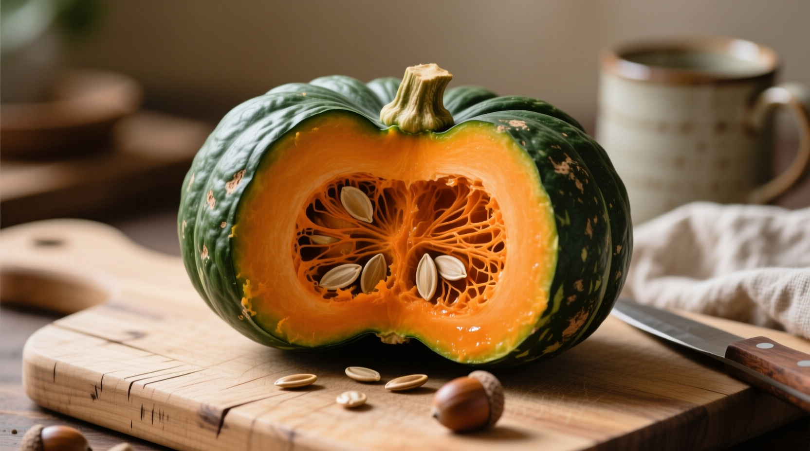 Halved acorn squash on cutting board
