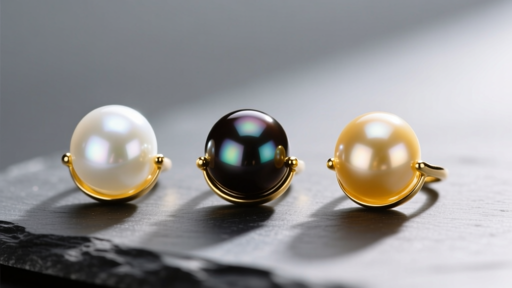 Macro shot comparing white Akoya, dark Tahitian, and golden South Sea pearls set in 14k yellow gold bezels on dark slate