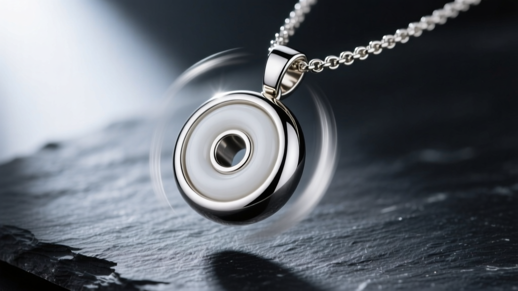 Close-up of a brushed titanium spinning necklace pendant mid-rotation with a central ceramic bearing on a dark slate surface.