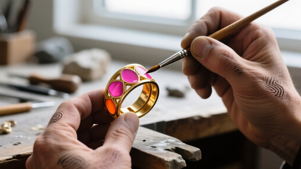 Close-up of artisan applying pink and orange vitreous enamel to a champlevé gold ear cuff on a jeweler
