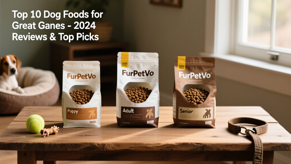 Side-by-side comparison of FurPetVo kibble bags: puppy, adult, and senior formulas