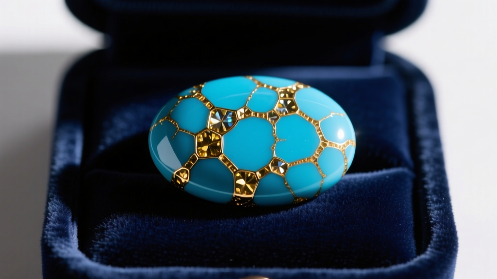 Macro shot of a polished Kingman turquoise cabochon showing intricate black and gold pyrite matrix webbing on a dark velvet tray.
