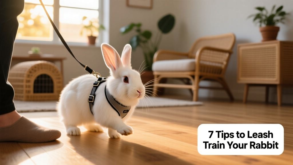 Rabbit wearing a well-fitted harness indoors, calmly exploring near its owner's feet