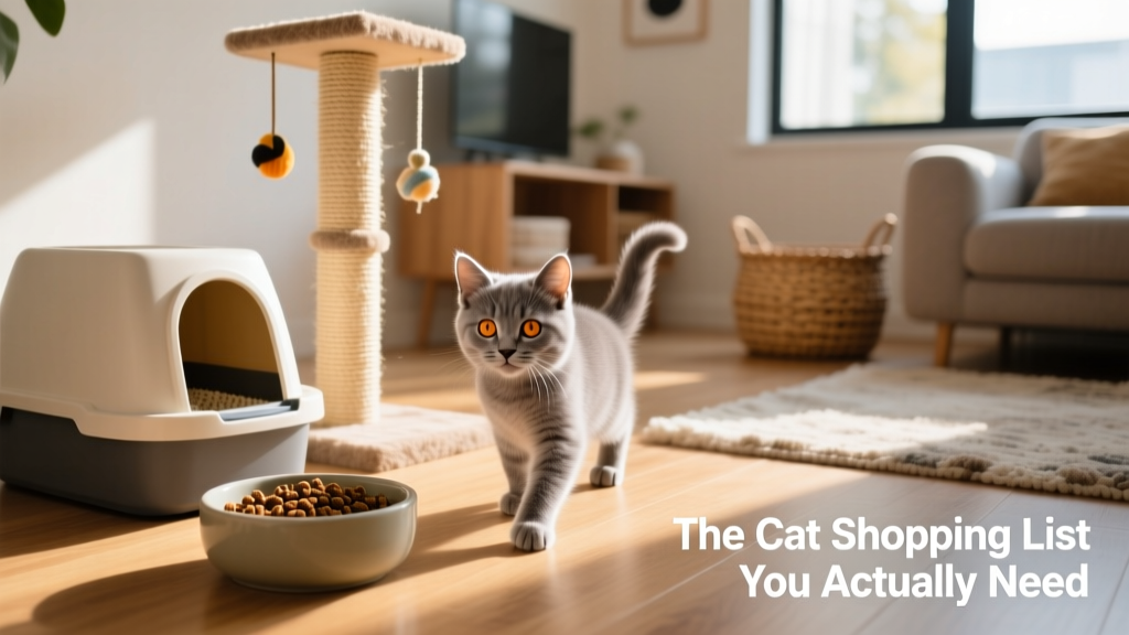 A happy kitten exploring a cozy, well-equipped living space with a litter box, scratching post, and food bowl visible